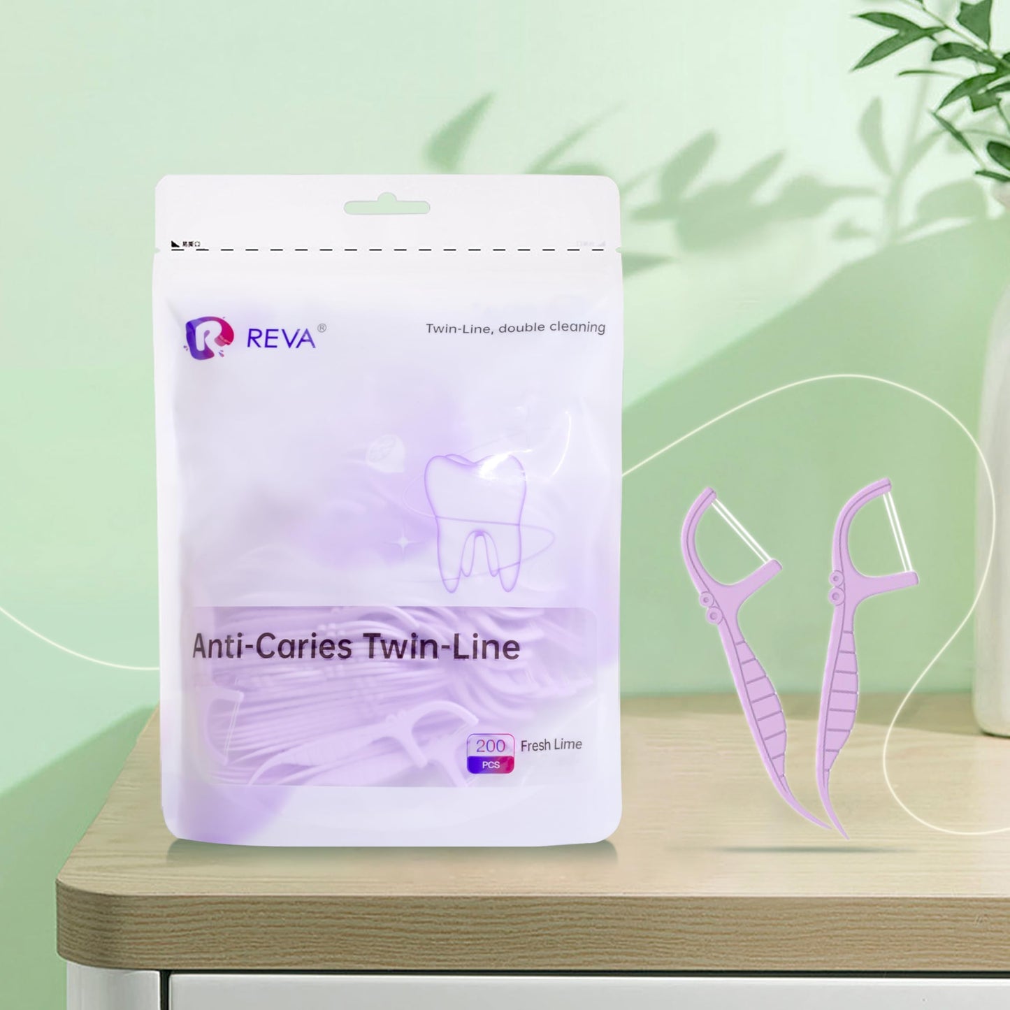 R REVA Anti-Caries Twin-Line Dental Floss Picks – 200 Count, Fresh Lime