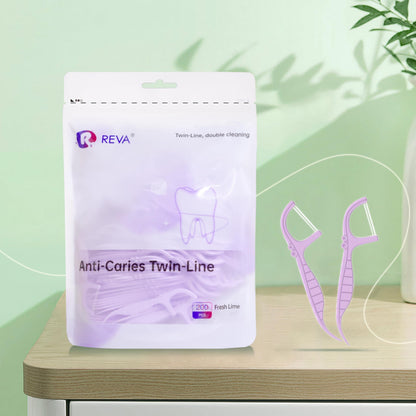 R REVA Anti-Caries Twin-Line Dental Floss Picks – 200 Count, Fresh Lime