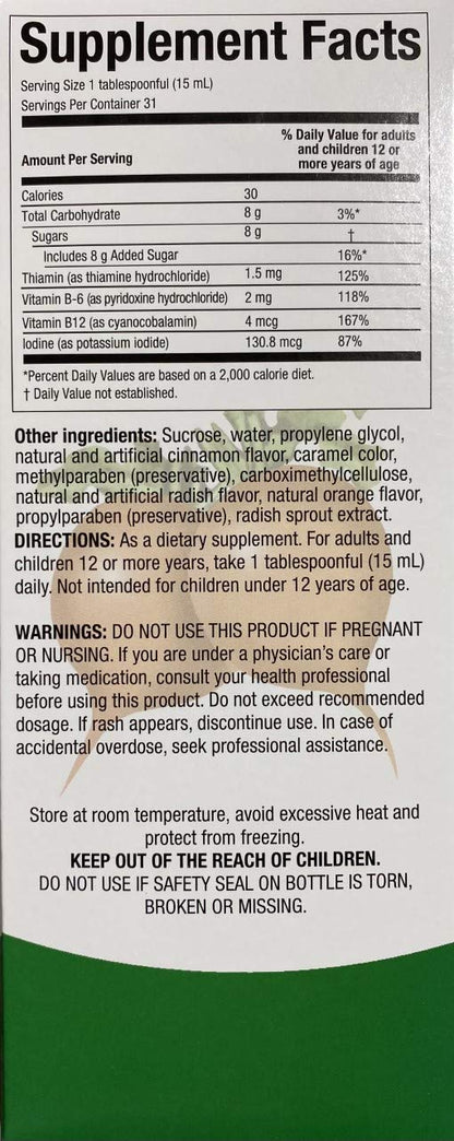 Rabano Yodado Liquid 16 Fl Oz – Bonus Size, Vitamin B12, B6 & Thiamin (1 Month Supply)