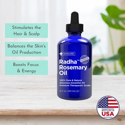 Radha Beauty Rosemary Essential Oil 4 oz – 100% Pure Therapeutic Grade, Steam Distilled