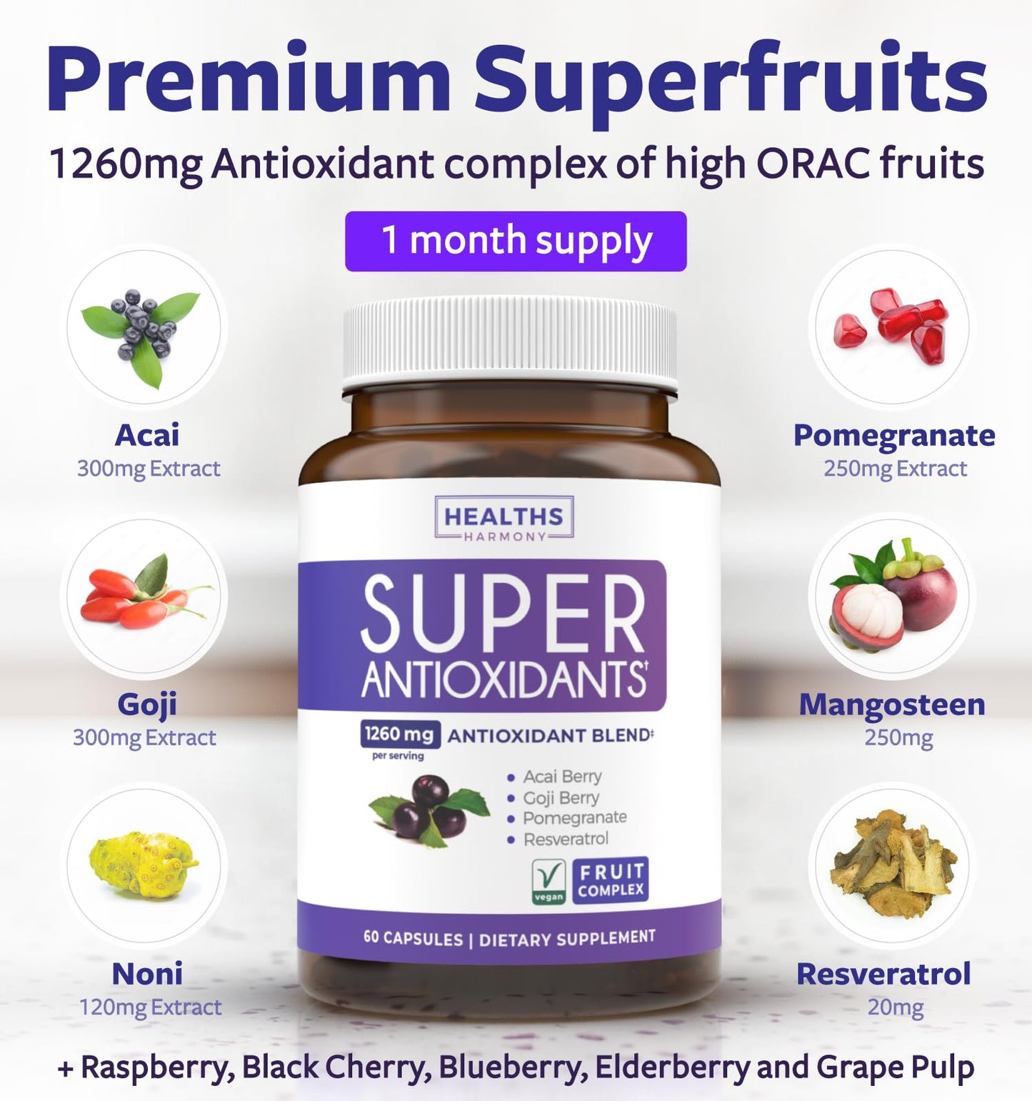 Super Antioxidants Supplement for Women & Men | High Potency Herbal & Fruit Blend | Vegan & Non-GMO - 60 Capsules
