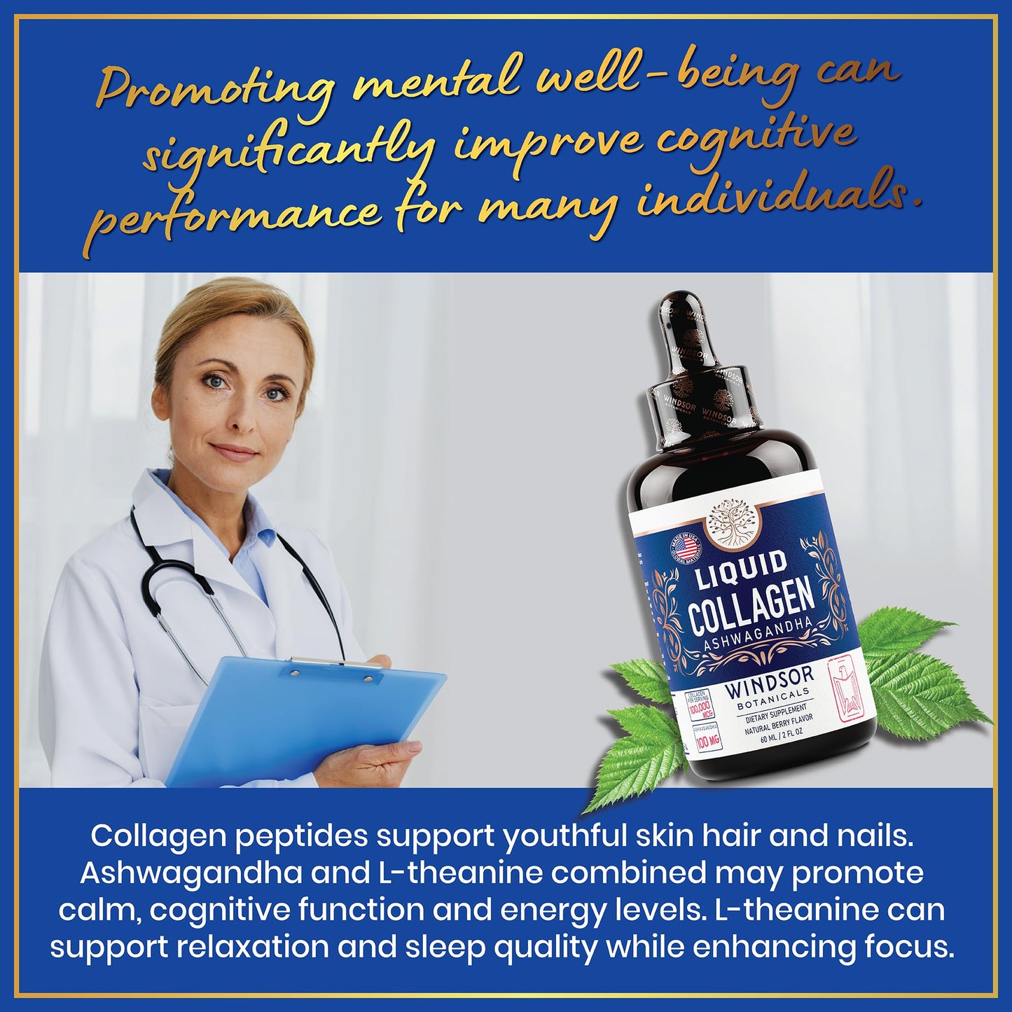 Liquid Collagen Drops with Ashwagandha & L-Theanine – 100,000 mcg, Hair, Skin & Nails, Mood & Energy – 2oz (60 Servings)