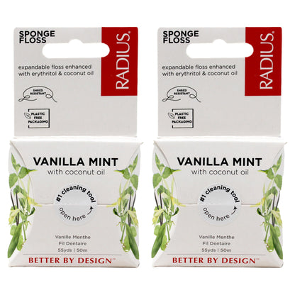 Radius Sponge Dental Floss Vanilla Mint 55 Yards – 2 Pack (Vegan, Non-Toxic)
