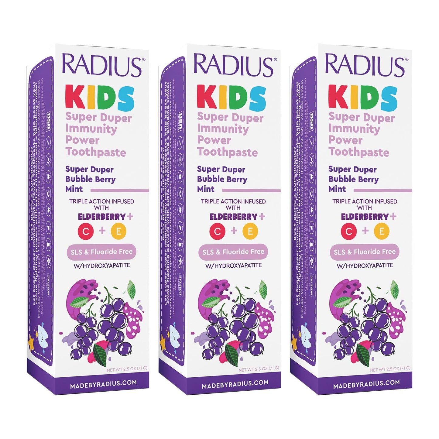 RADIUS Kids Immunity Toothpaste 3-Pack | Super Duper Bubble Berry Mint 2.5 oz