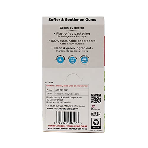 RADIUS Vanilla Mint Dental Floss – 55 Yards, 6-Pack | Vegan & Non-Toxic Oral Care
