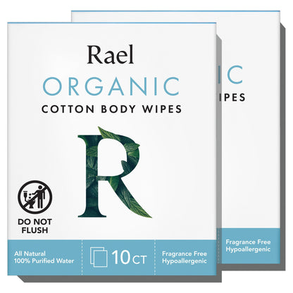 Rael Organic Cotton Wipes - Individually Wrapped Body Cloths for All Skin Types (2 x 10)