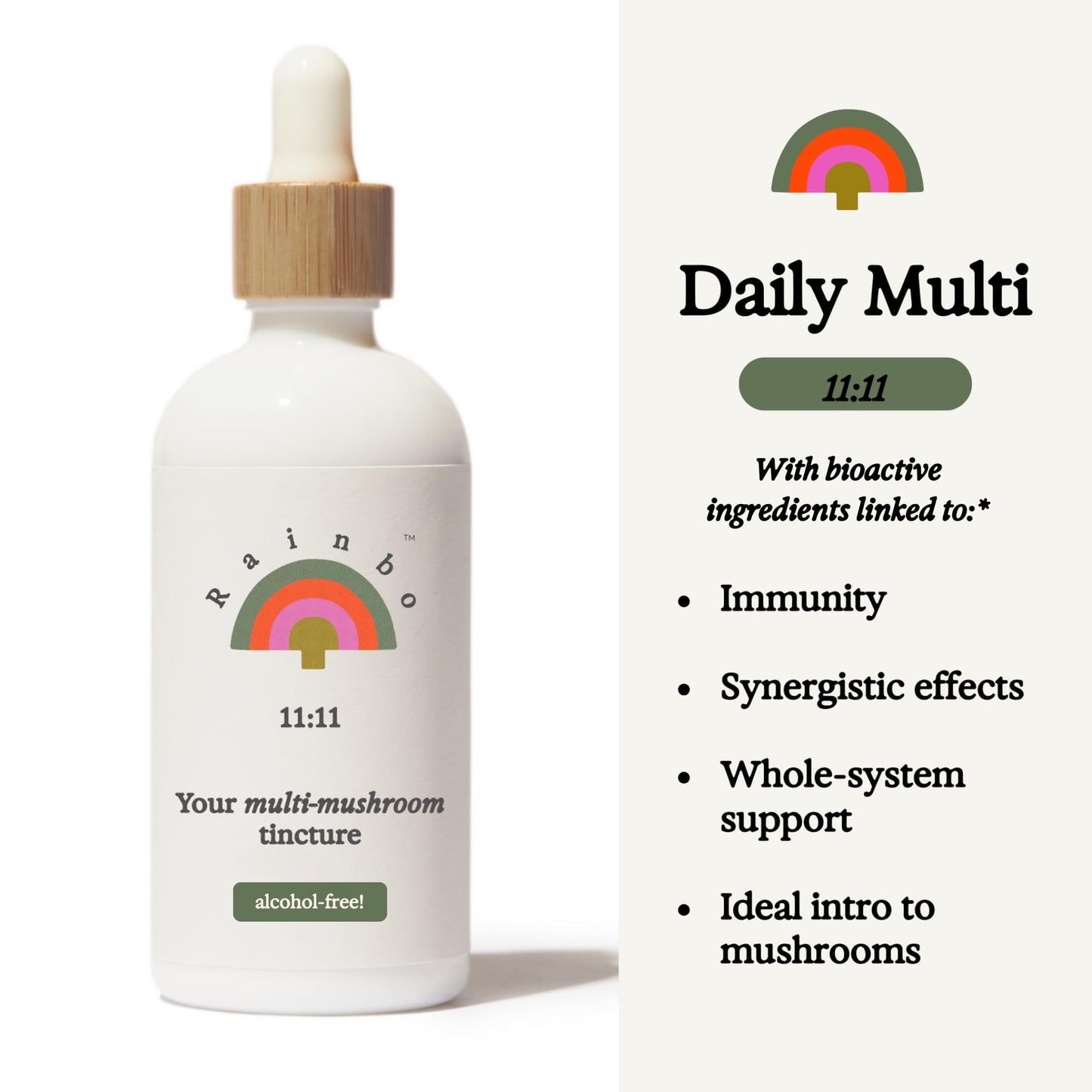 Rainbo 11:11 Multi Mushroom Tincture – 11-Mushroom Dual Extract for Immune & Brain Support, 3.4 fl oz, Vegan