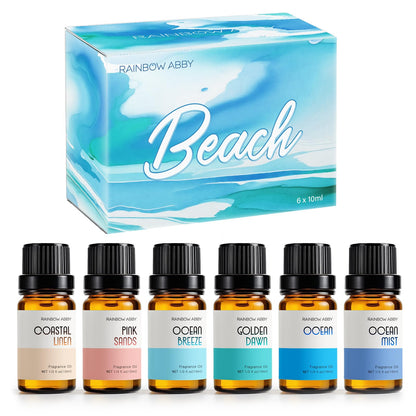 Beach Essential Oils for Diffusers – RAINBOW ABBY 6x10ml Set | Golden Dawn, Pink Sands, Coastal Linen, Ocean Breeze, Ocean, Ocean Mist
