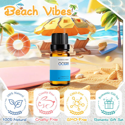 Beach Essential Oils for Diffusers – RAINBOW ABBY 6x10ml Set | Golden Dawn, Pink Sands, Coastal Linen, Ocean Breeze, Ocean, Ocean Mist