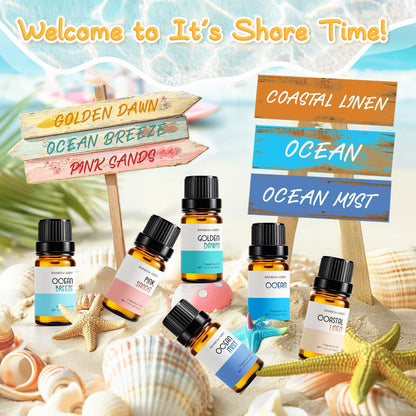 Beach Essential Oils for Diffusers – RAINBOW ABBY 6x10ml Set | Golden Dawn, Pink Sands, Coastal Linen, Ocean Breeze, Ocean, Ocean Mist
