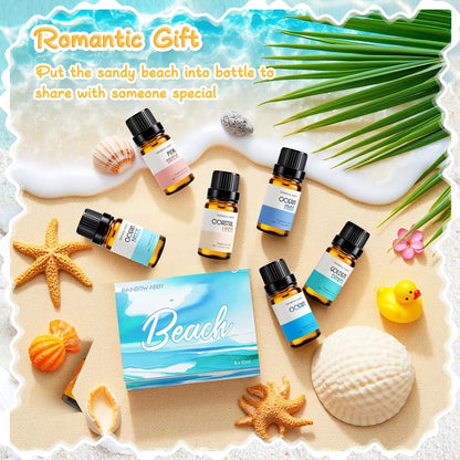 Beach Essential Oils for Diffusers – RAINBOW ABBY 6x10ml Set | Golden Dawn, Pink Sands, Coastal Linen, Ocean Breeze, Ocean, Ocean Mist