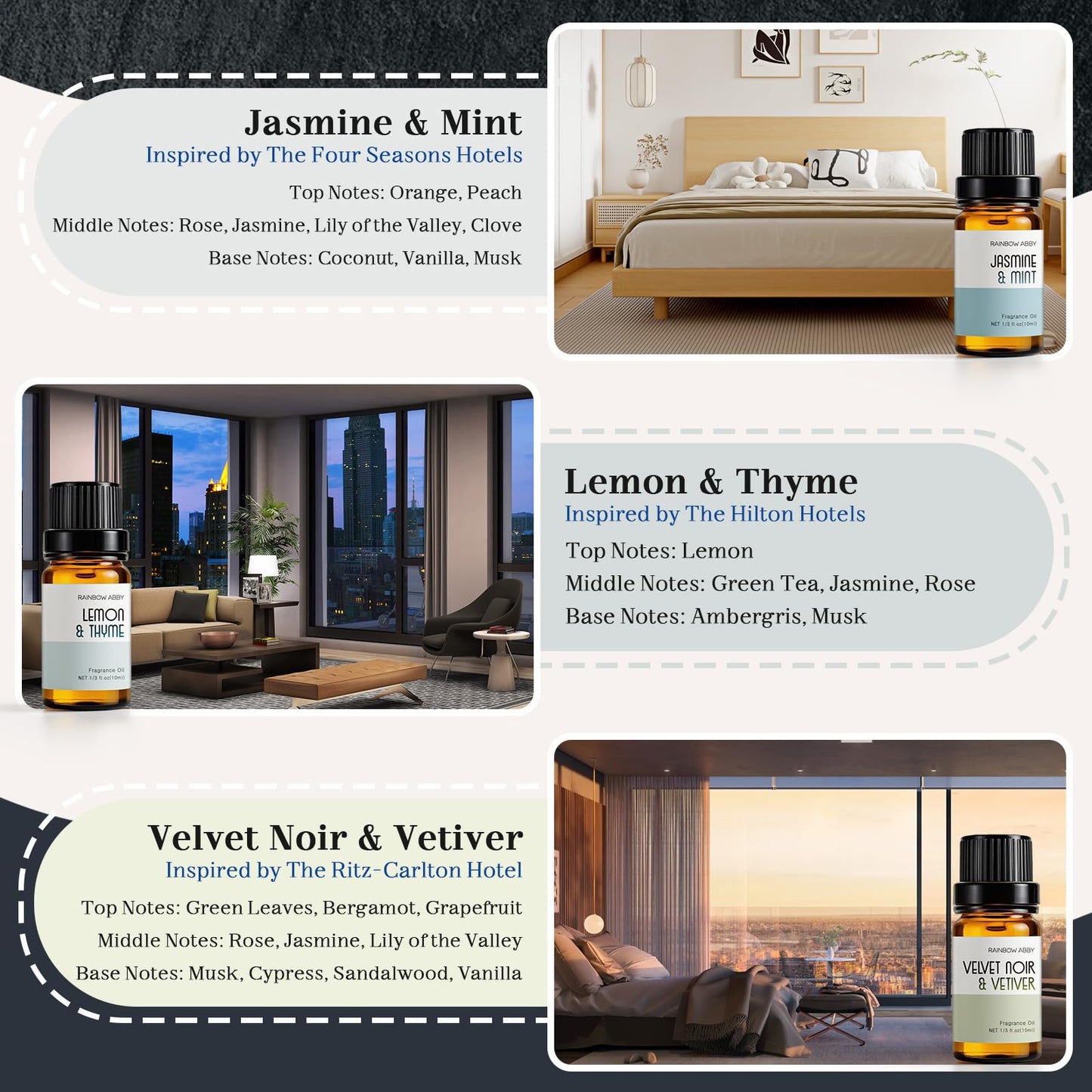 RAINBOW ABBY Hotel Collection Diffuser Oil – 6 Fragrances for Home & Hotel