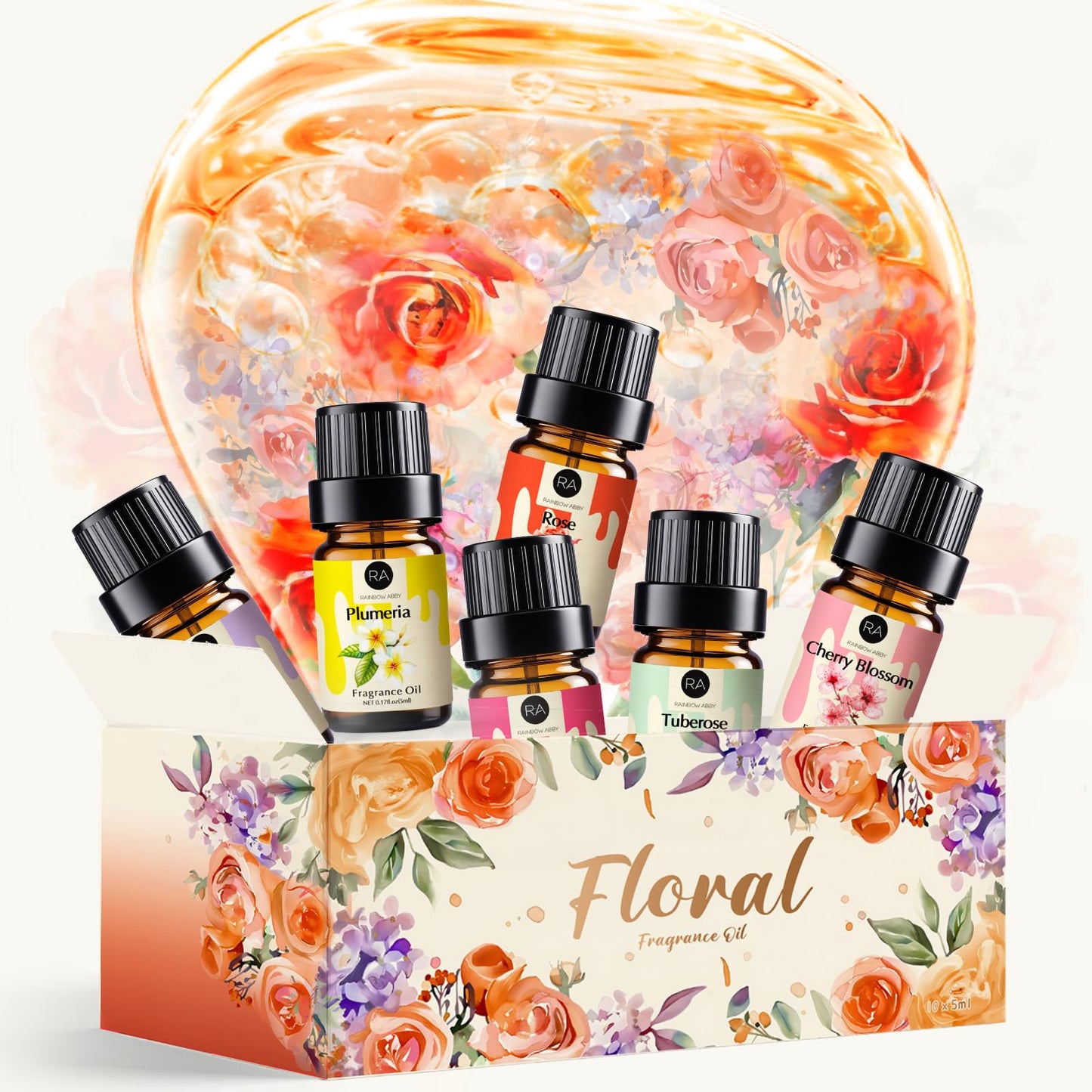 RAINBOW ABBY Floral Essential Oils Set - 10 Floral Scents, 5ml Bottles for Candle & Soap Making