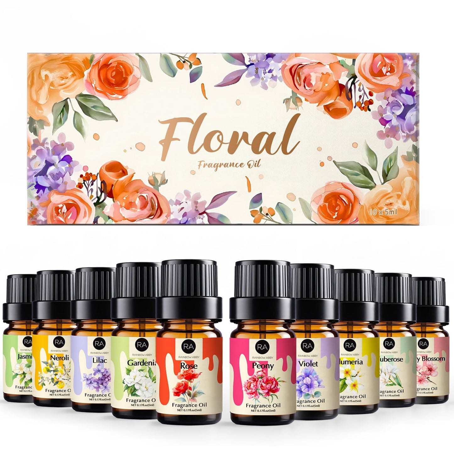 RAINBOW ABBY Floral Essential Oils Set - 10 Floral Scents, 5ml Bottles for Candle & Soap Making