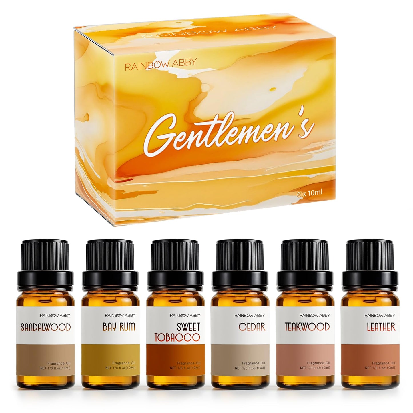 RAINBOW ABBY Gentlemen's Fragrance Oil Set - Leather, Bay Rum, Teakwood, Cedar, Sweet Tobacco & Sandalwood (6x10ML)