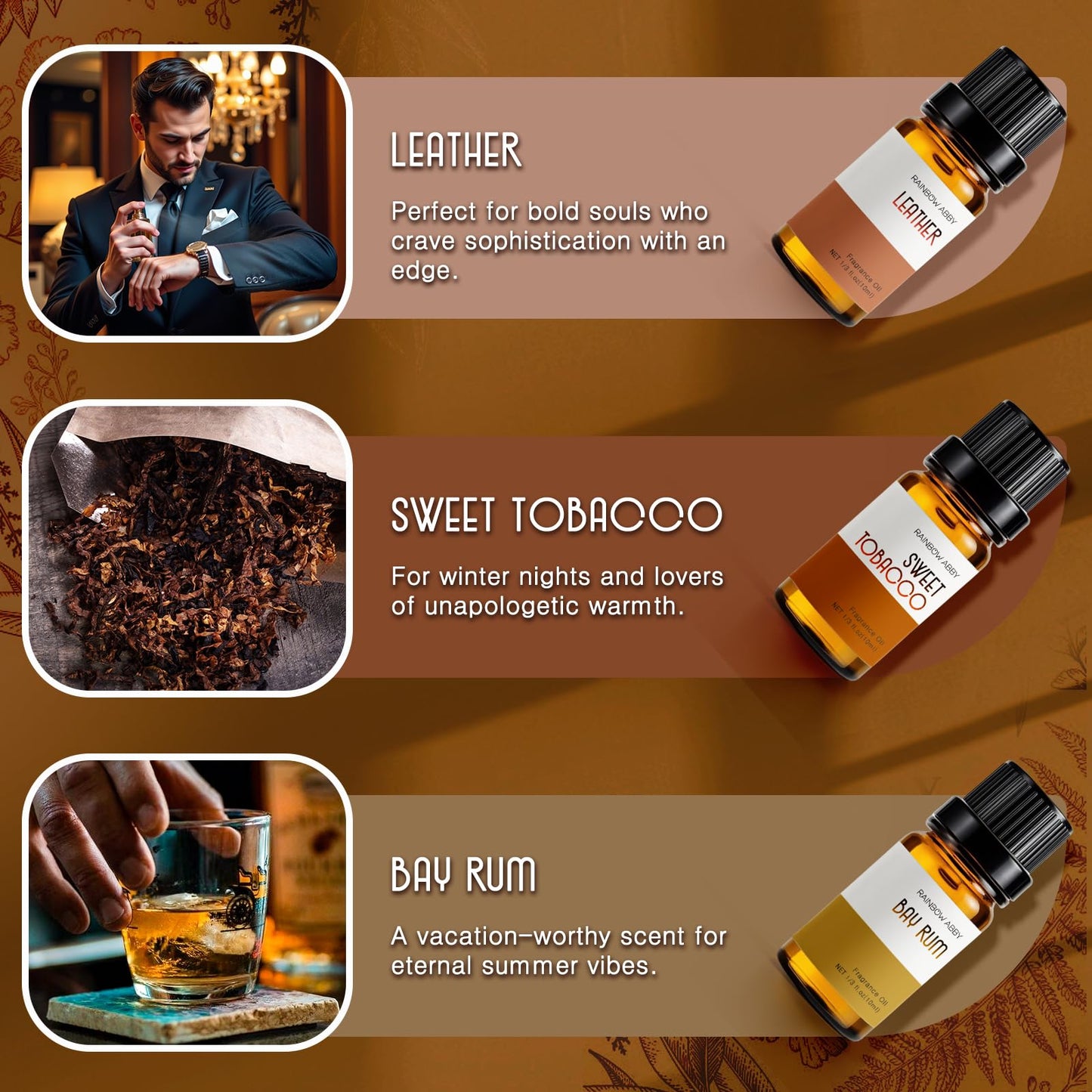 RAINBOW ABBY Gentlemen's Fragrance Oil Set - Leather, Bay Rum, Teakwood, Cedar, Sweet Tobacco & Sandalwood (6x10ML)