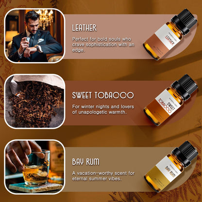 RAINBOW ABBY Gentlemen's Fragrance Oil Set - Leather, Bay Rum, Teakwood, Cedar, Sweet Tobacco & Sandalwood (6x10ML)