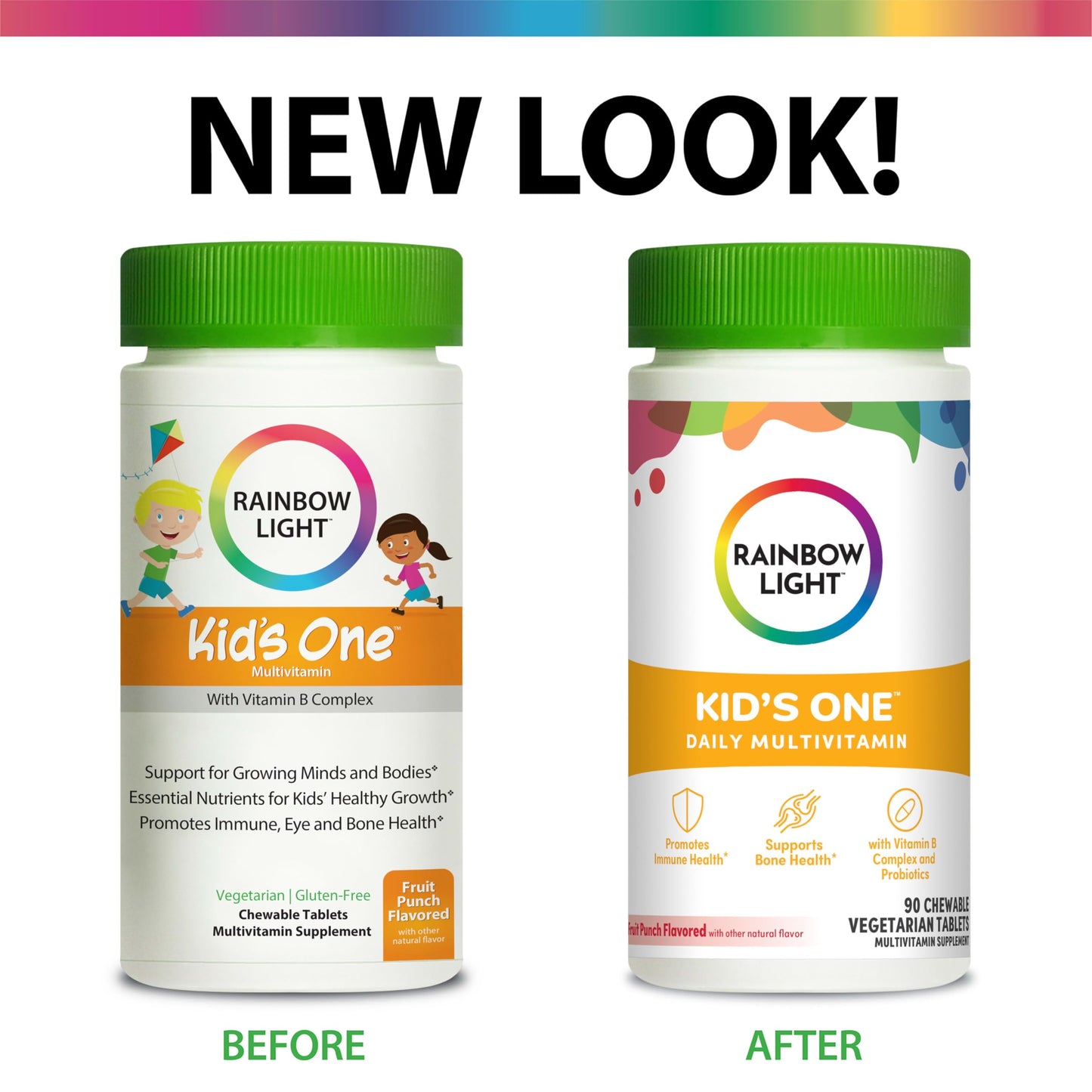Rainbow Light Kid's One Multivitamin for Kids – 90 Count, Fruit Punch – Immune Support, Vitamin B Complex, Probiotics, Vegetarian & Gluten Free