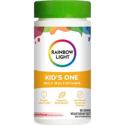Rainbow Light Kid's One Multivitamin for Kids – 90 Count, Fruit Punch – Immune Support, Vitamin B Complex, Probiotics, Vegetarian & Gluten Free