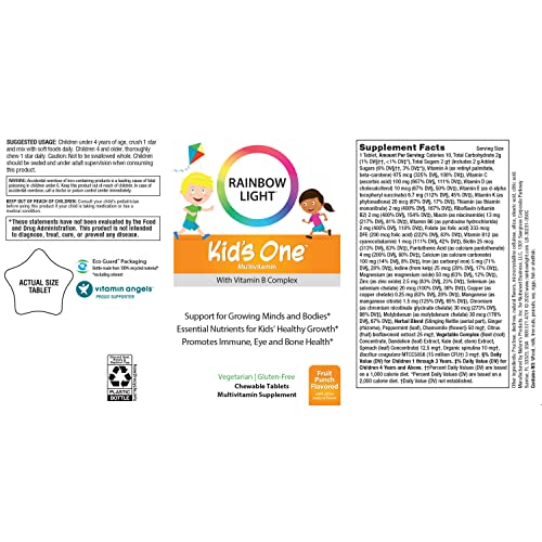 Rainbow Light Kid's One Multivitamin for Kids – 90 Count, Fruit Punch – Immune Support, Vitamin B Complex, Probiotics, Vegetarian & Gluten Free