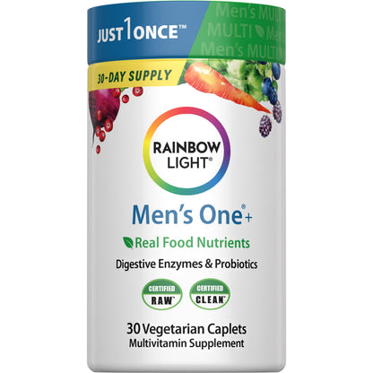 Rainbow Light Men's Multivitamin One+ 30 Caplets – Real Food Nutrients, Enzymes & Probiotics