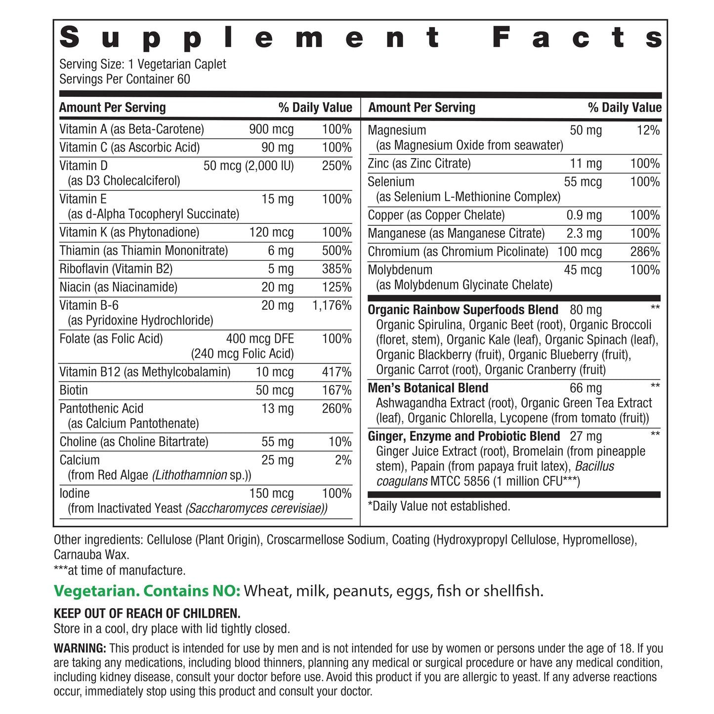 Rainbow Light Men's One Multivitamin - High-Potency Immune Support, Vitamin C, D and Zinc (60 Count)
