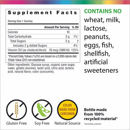 Rainbow Light Sunny Gummies Vitamin D3 1000 IU – Supports Bones, Muscles & Immunity | Gluten-Free, Soy-Free, Sour Lemon 50 Gummies