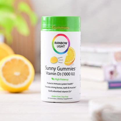 Rainbow Light Sunny Gummies Vitamin D3 1000 IU – Supports Bones, Muscles & Immunity | Gluten-Free, Soy-Free, Sour Lemon 50 Gummies