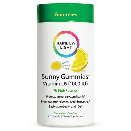 Rainbow Light Sunny Gummies Vitamin D3 1000 IU – Supports Bones, Muscles & Immunity | Gluten-Free, Soy-Free, Sour Lemon 50 Gummies