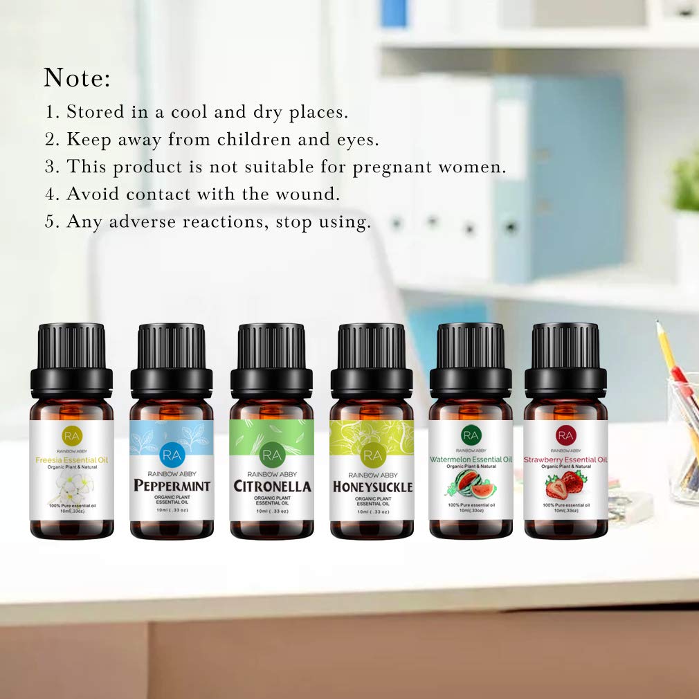 RAINBOW ABBY 6-Pack Orangic 100% Pure Essential Oils (10ml each) — Peppermint, Watermelon, Strawberry, Freesia, Citronella, Honeysuckle