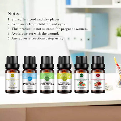 RAINBOW ABBY 6-Pack Orangic 100% Pure Essential Oils (10ml each) — Peppermint, Watermelon, Strawberry, Freesia, Citronella, Honeysuckle