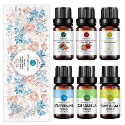 RAINBOW ABBY 6-Pack Orangic 100% Pure Essential Oils (10ml each) — Peppermint, Watermelon, Strawberry, Freesia, Citronella, Honeysuckle