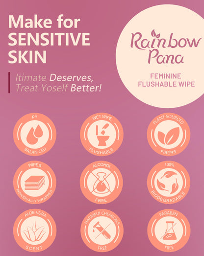 RainbowPana Feminine Wipes | 120 Count, Flushable Aloe & Vitamin-E