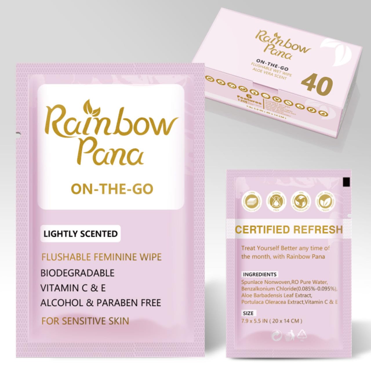 RainbowPana Feminine Wipes - 40 Count On-The-Go, Flushable Travel Wipes for Women | Aloe, Portulaca, Vitamin E | pH Balanced, Biodegradable