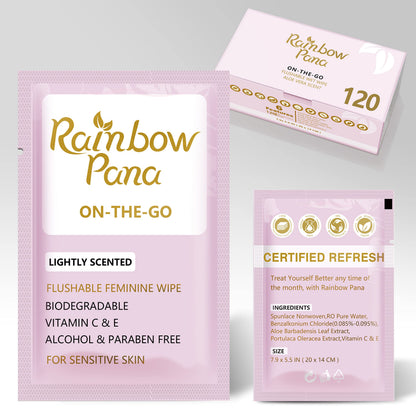 RainbowPana Feminine Wipes | 120 Count, Flushable Aloe & Vitamin-E