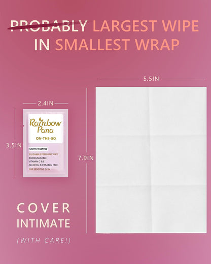 RainbowPana Feminine Wipes - 40 Count On-The-Go, Flushable Travel Wipes for Women | Aloe, Portulaca, Vitamin E | pH Balanced, Biodegradable