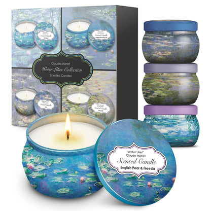 RainCaper Monet Water Lilies Scented Candles Gift Set | 4x4.4 oz Soy, 8% Essential Oils