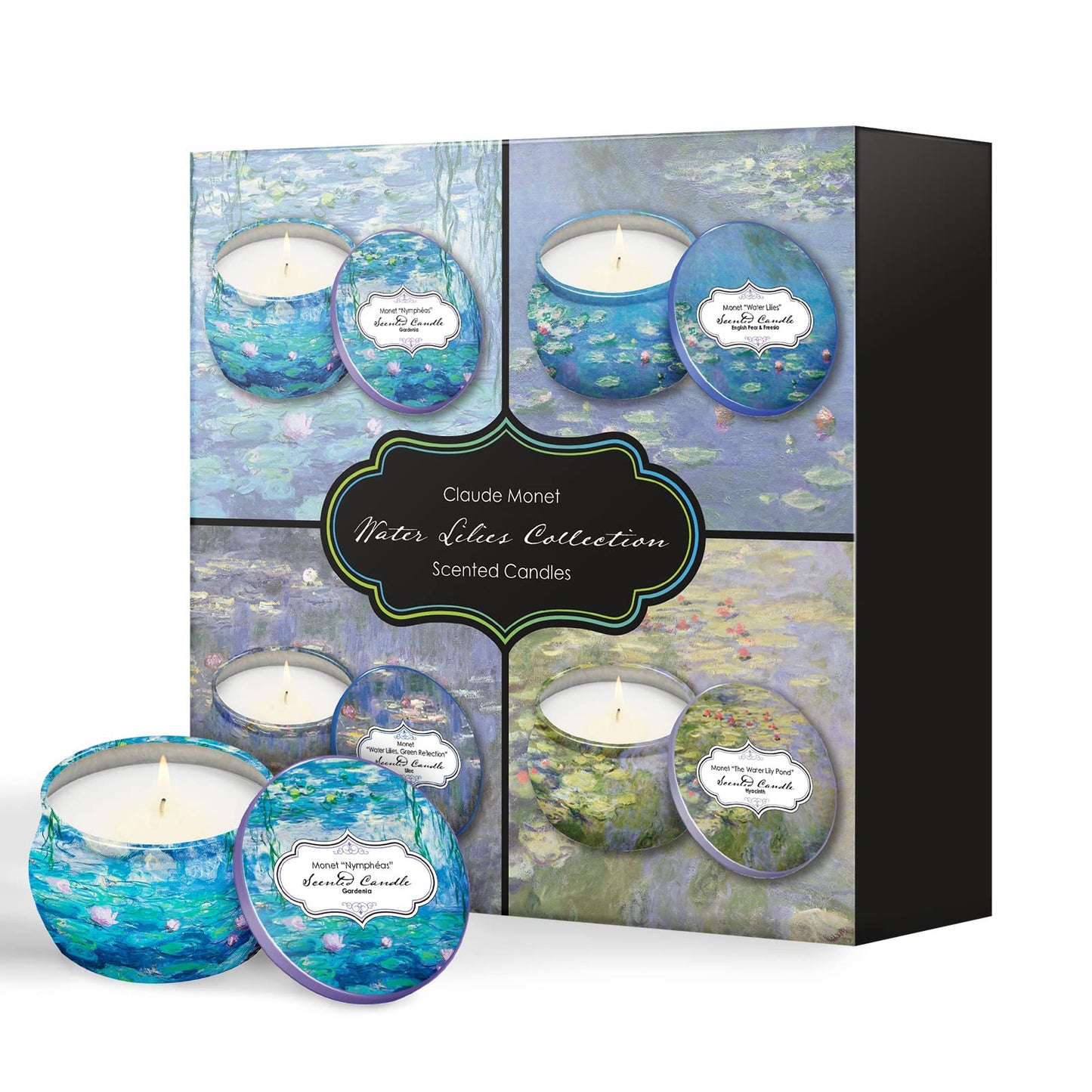 RainCaper Monet Water Lilies Scented Candles Gift Set | 4x4.4 oz Soy, 8% Essential Oils