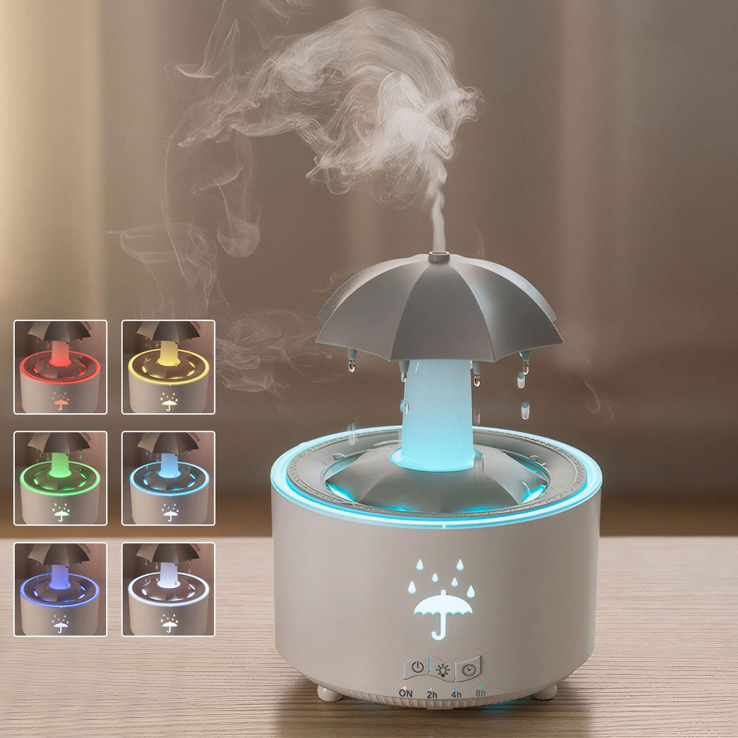 Raindrop Humidifier & Diffuser — 300ml, 7-Color LED, 2/4/8h Timer (White)