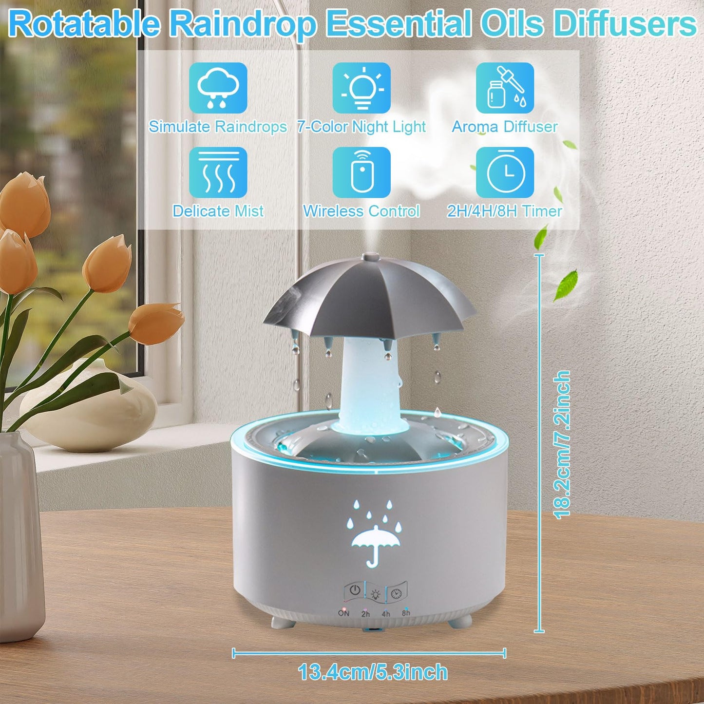 Raindrop Humidifier & Diffuser — 300ml, 7-Color LED, 2/4/8h Timer (White)