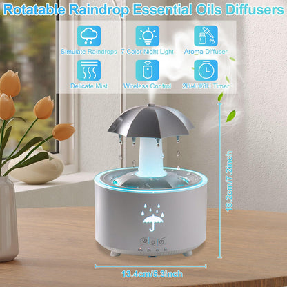 Raindrop Humidifier & Diffuser — 300ml, 7-Color LED, 2/4/8h Timer (White)