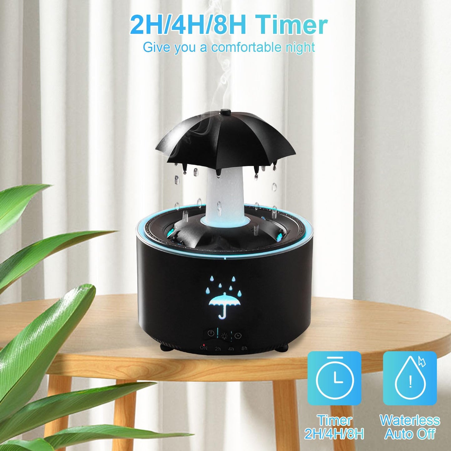 Raindrop Humidifier - Aromatherapy Diffuser, 300ml, 7-Color Night Light (Black)