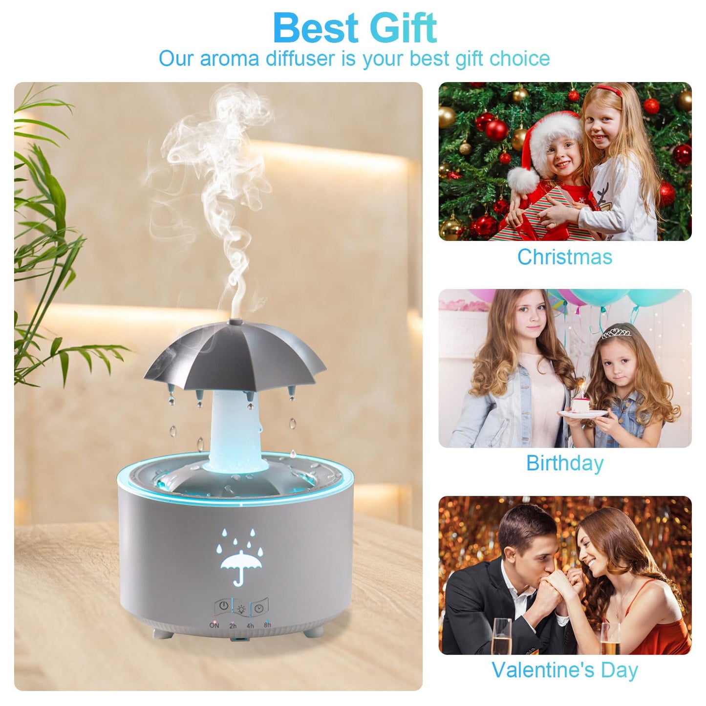 Raindrop Humidifier & Diffuser — 300ml, 7-Color LED, 2/4/8h Timer (White)