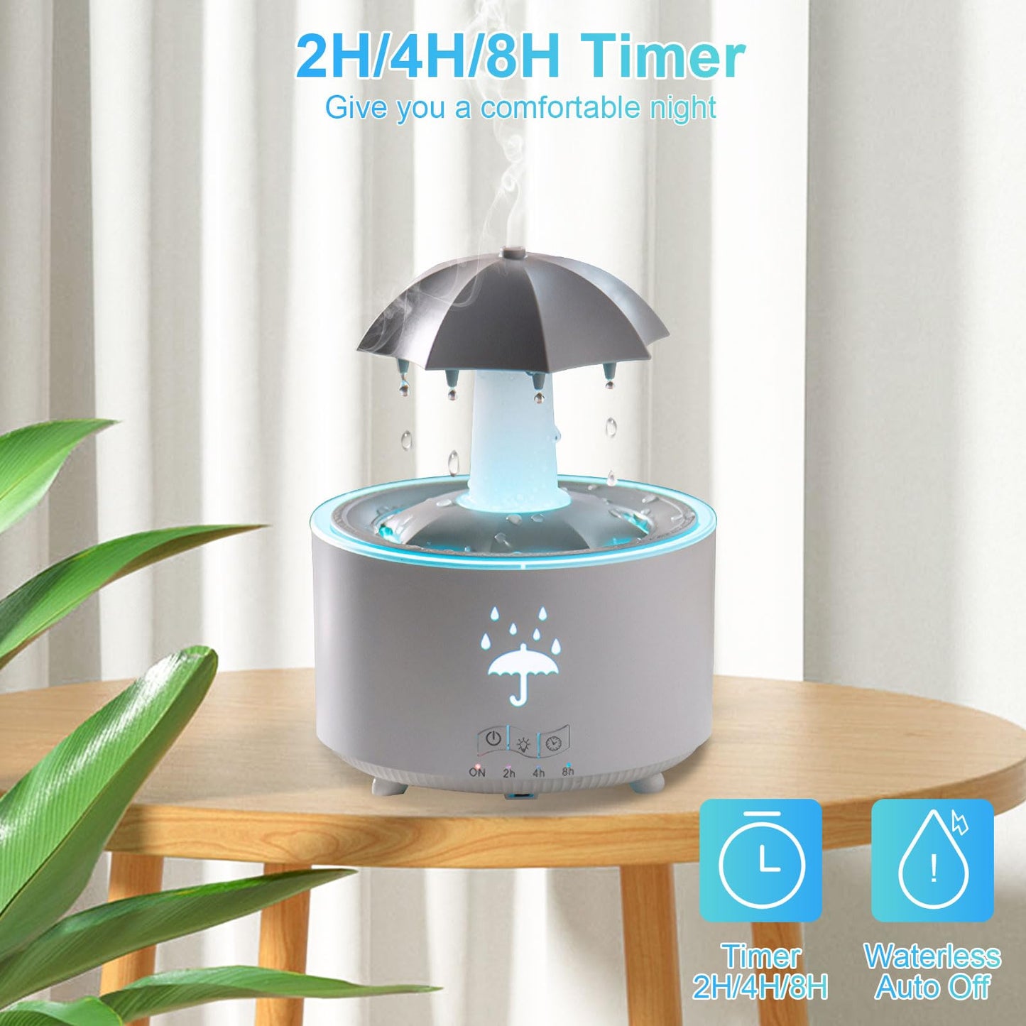 Raindrop Humidifier & Diffuser — 300ml, 7-Color LED, 2/4/8h Timer (White)