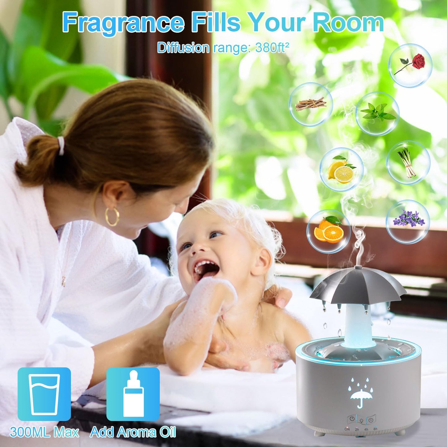 Raindrop Humidifier & Diffuser — 300ml, 7-Color LED, 2/4/8h Timer (White)