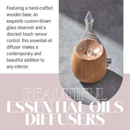 Organic Aromas Raindrop 2.0 Aromatherapy Diffuser - Waterless Glass Nebulizer, Auto-Off, BPA Free, Lightwood