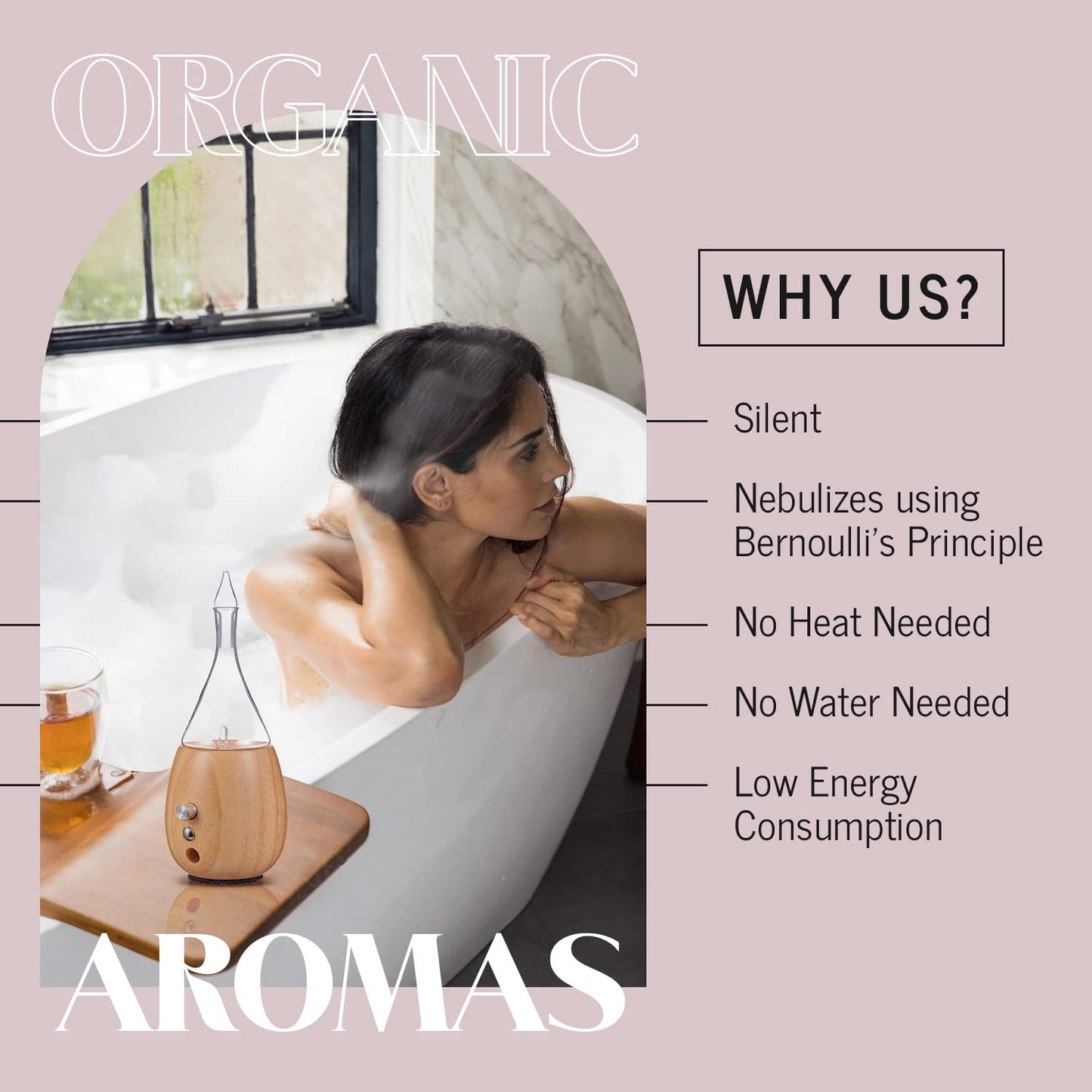 Organic Aromas Raindrop 2.0 Aromatherapy Diffuser - Waterless Glass Nebulizer, Auto-Off, BPA Free, Lightwood