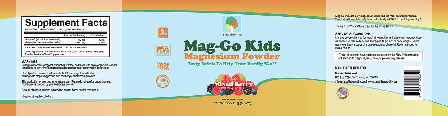Raise Them Well Mag-Go Kids Magnesium Powder – Constipation Relief, Mixed Berry, 90 Servings