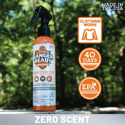 Ranger Ready Repellents 0.5% Permethrin Spray for Clothes & Outdoor Gear - Scent Zero, 8 fl oz