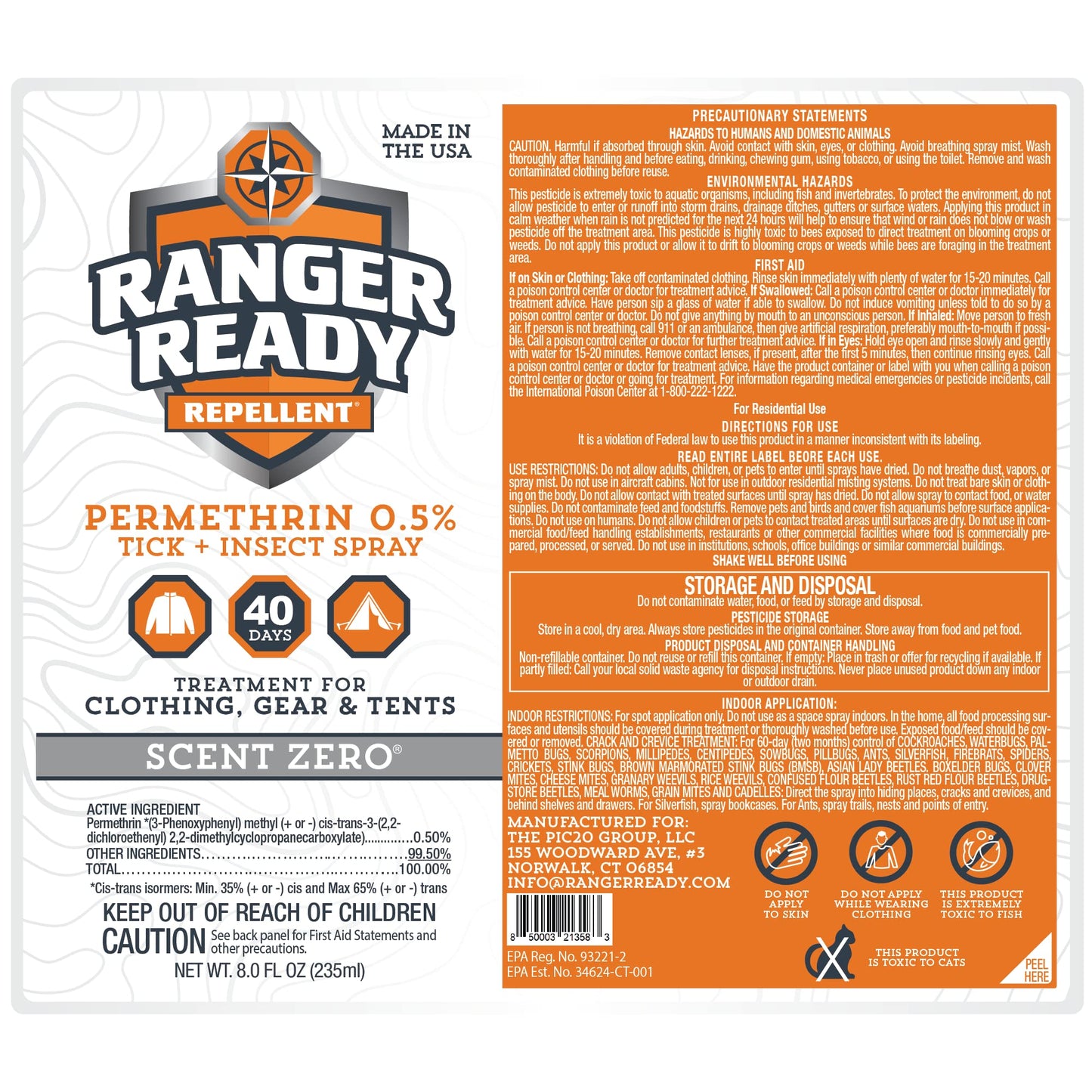 Ranger Ready Repellents 0.5% Permethrin Spray for Clothes & Outdoor Gear - Scent Zero, 8 fl oz